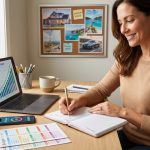 Budget planner for financial goals open on desk with savings tracker, goal worksheets, and financial planning tools