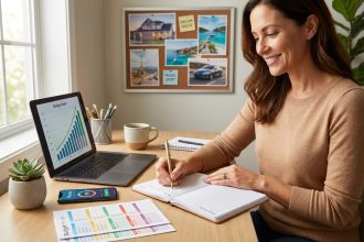 Budget planner for financial goals open on desk with savings tracker, goal worksheets, and financial planning tools