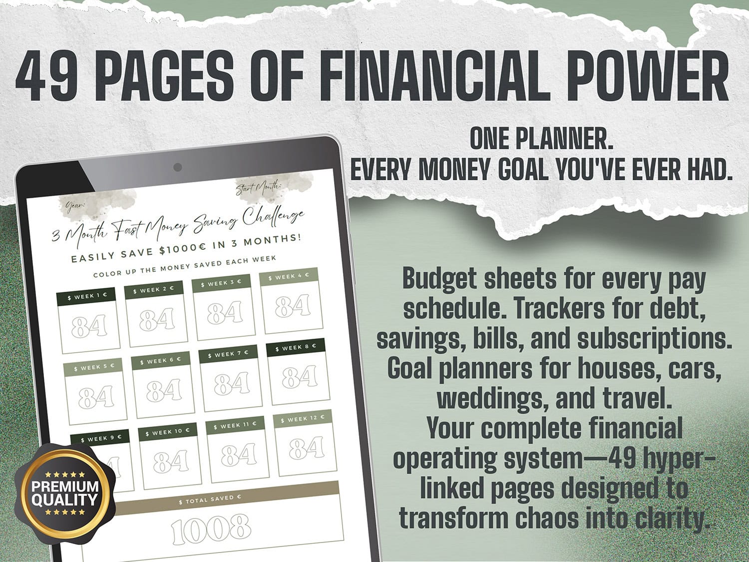 The Budget Planner 49 pages financial power - 3-month fast money saving challenge tracker with premium quality badge 