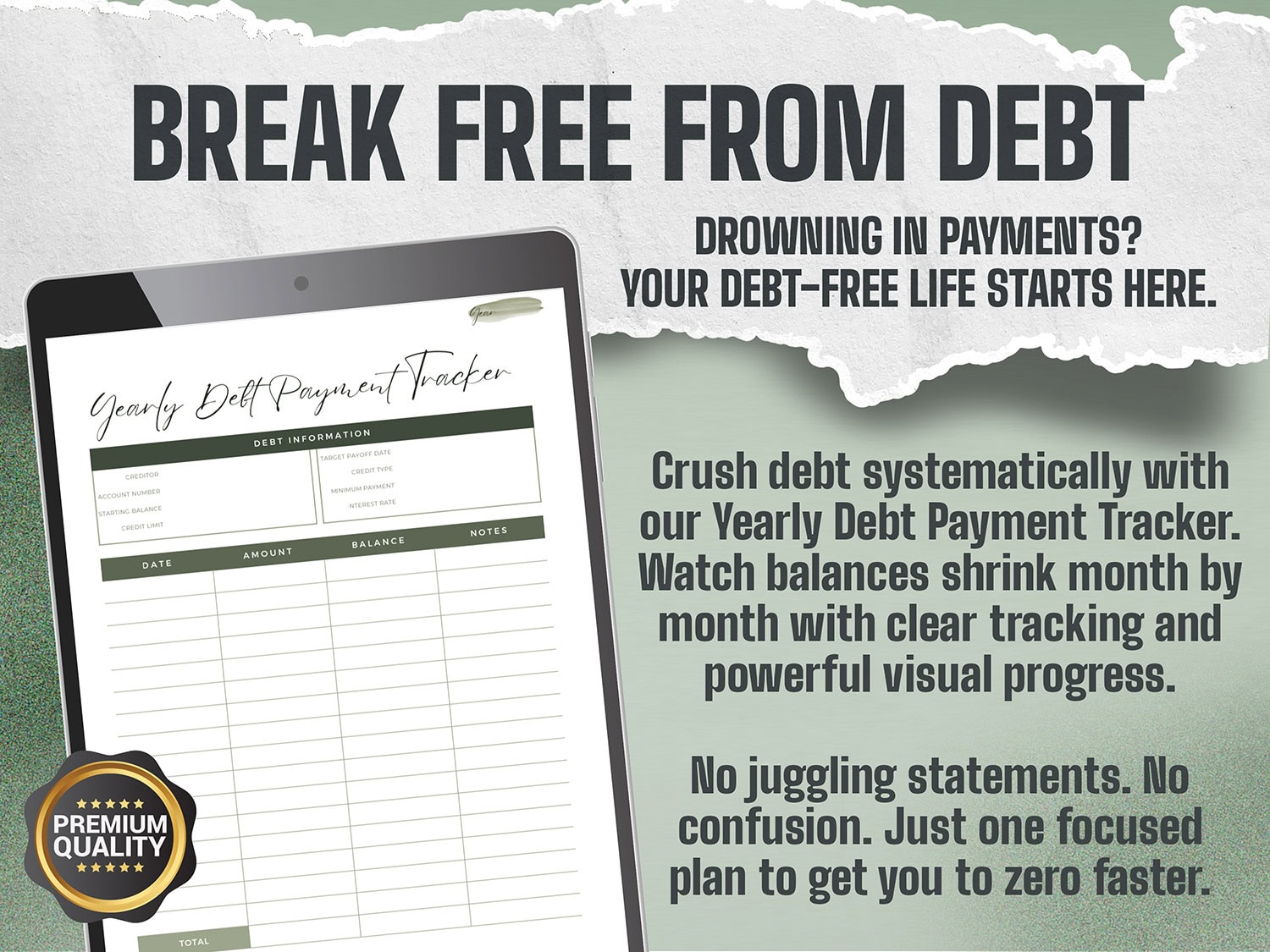 Yearly debt payment tracker template showing systematic debt elimination plan with balance tracking and premium quality badge 