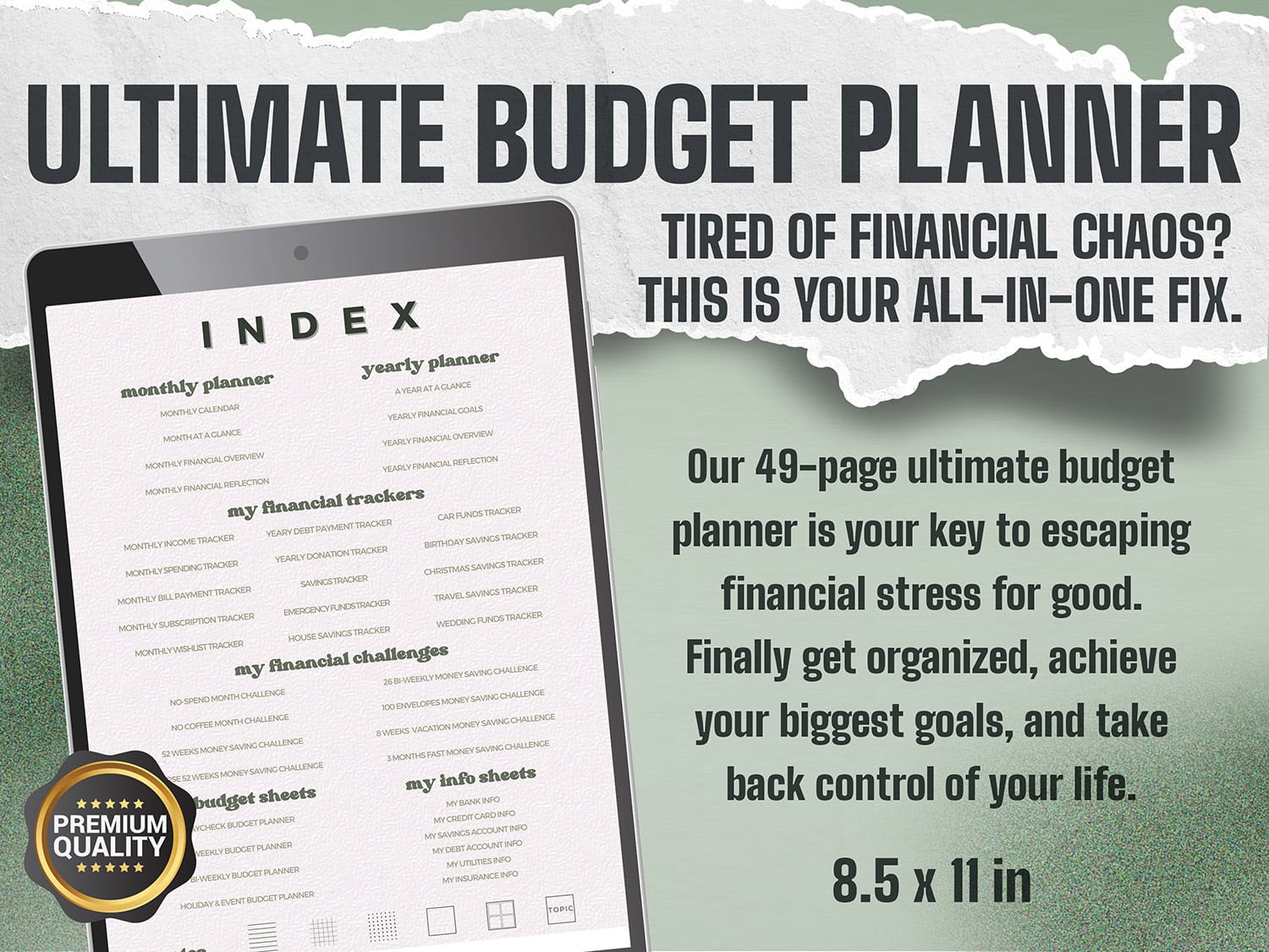 The Budget Planner 49-page system showing comprehensive index with trackers, challenges, and premium quality badge 